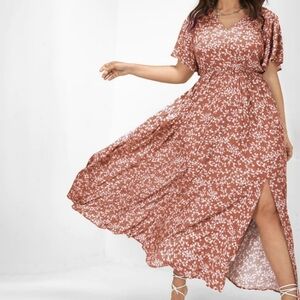 Bloom Dress - Flutter Sleeve Ditsy Floral Pocket Split Maxi Dress (3X 22-24)
